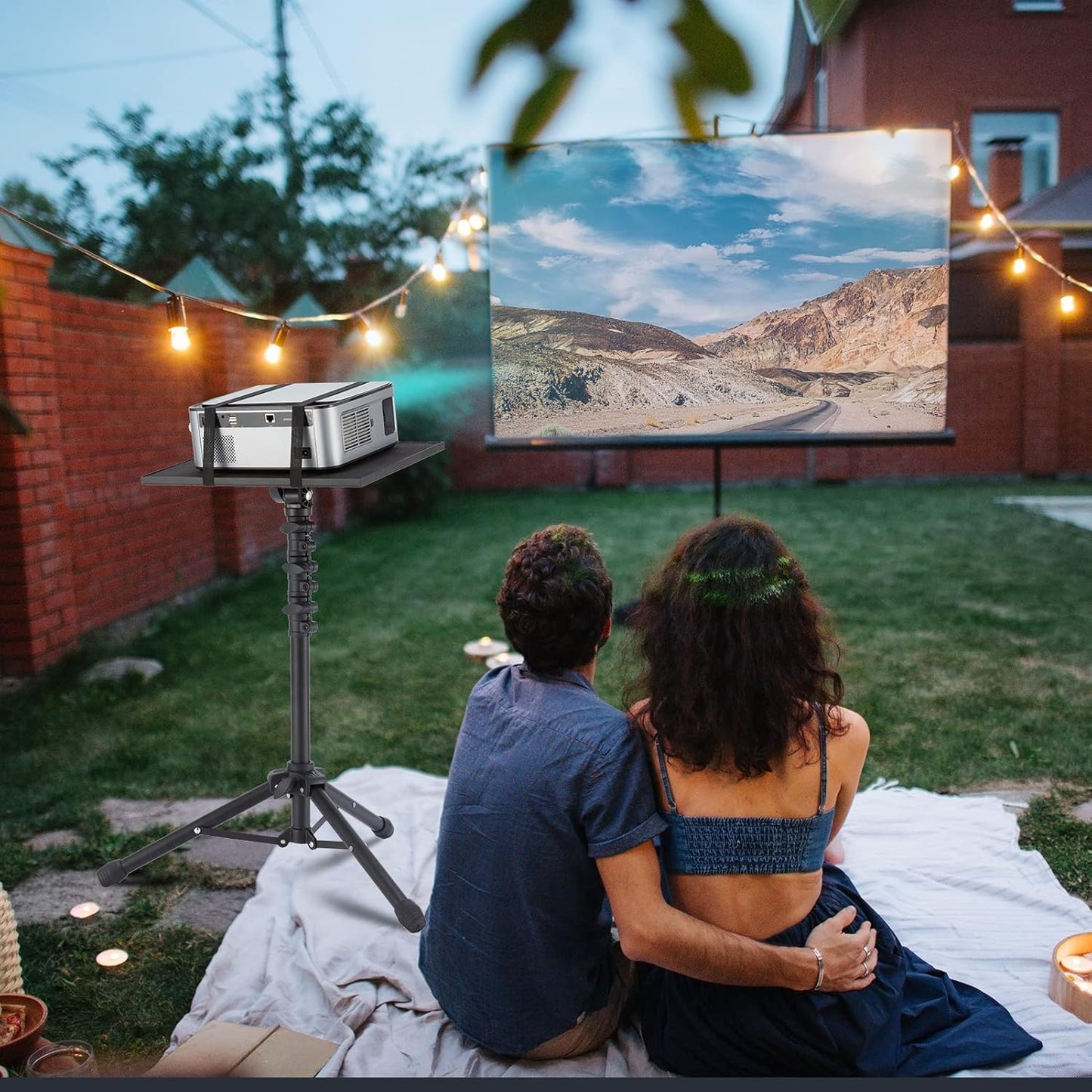 Lusweimi Projector Tripod Stand, 50” Laptop Stand with 2 Shelves for Projector, iPad, DJ Equipment, Portable Adjustable Floor Stand with Gooseneck Phone Holder for Office, Home, Stage or Studio