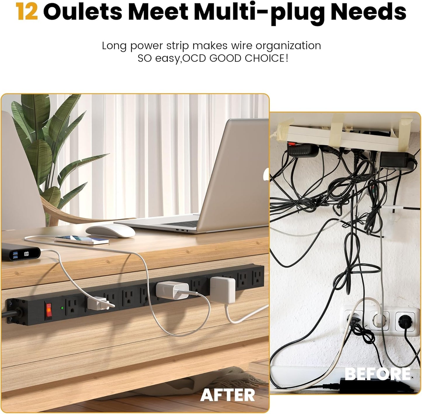 12 Outlet Long Power Strip Surge Protector with 2100 Joules, 3FT Power Cord, Wide Spaced Outlet Power Bar, Overload Protection Switch, Industrial Heavy Duty for Work Bench, Shop, Garage (Black),2 Pack