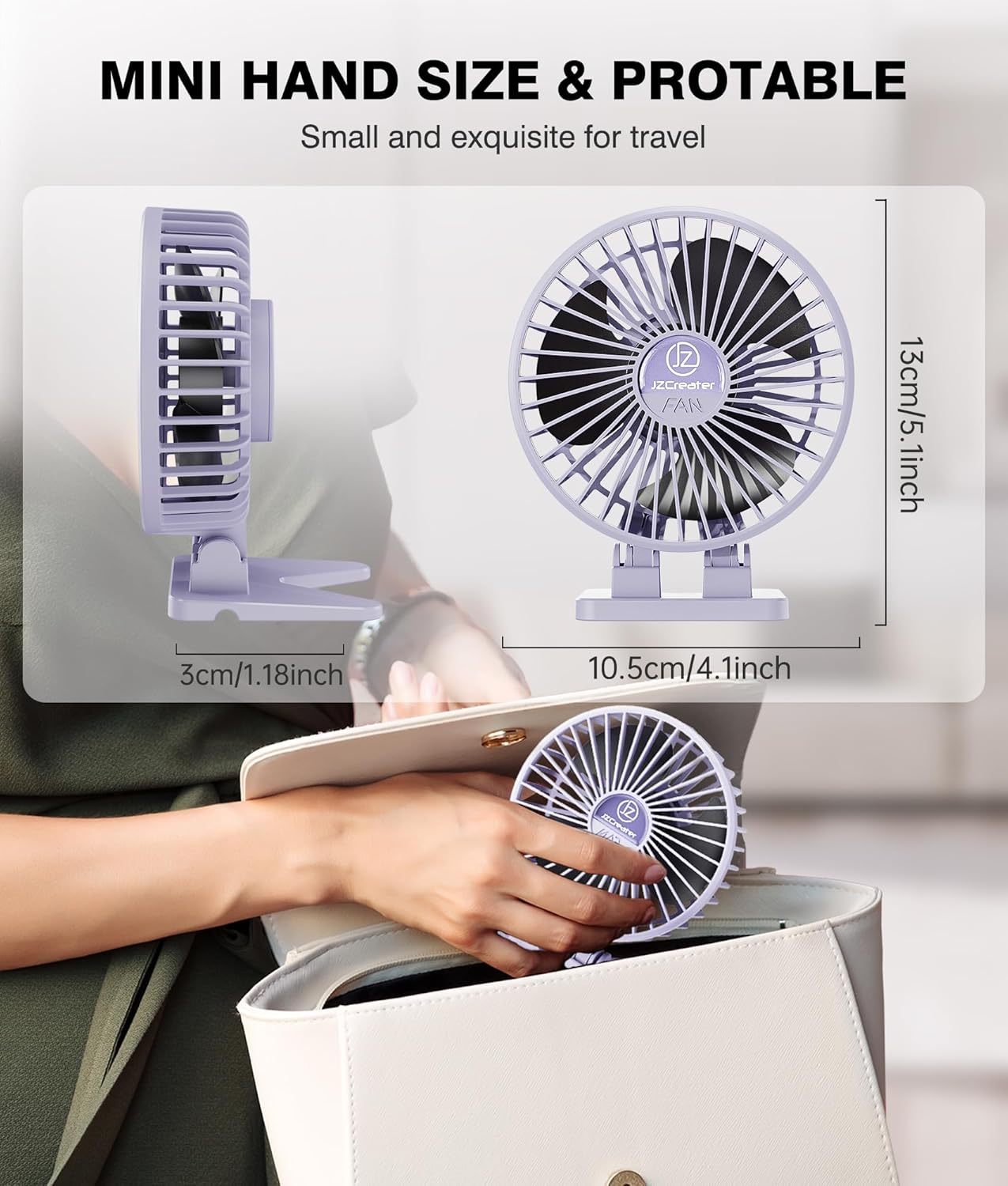 JZCreater USB Desk Fan, Mini Fan Portable, 3 Speeds Desktop Table Cooling Fan, Plug in Power Fan, Rotation Strong Wind, Quiet Personal Small Fan for Home Desktop Office Travel Bedroom, Purple
