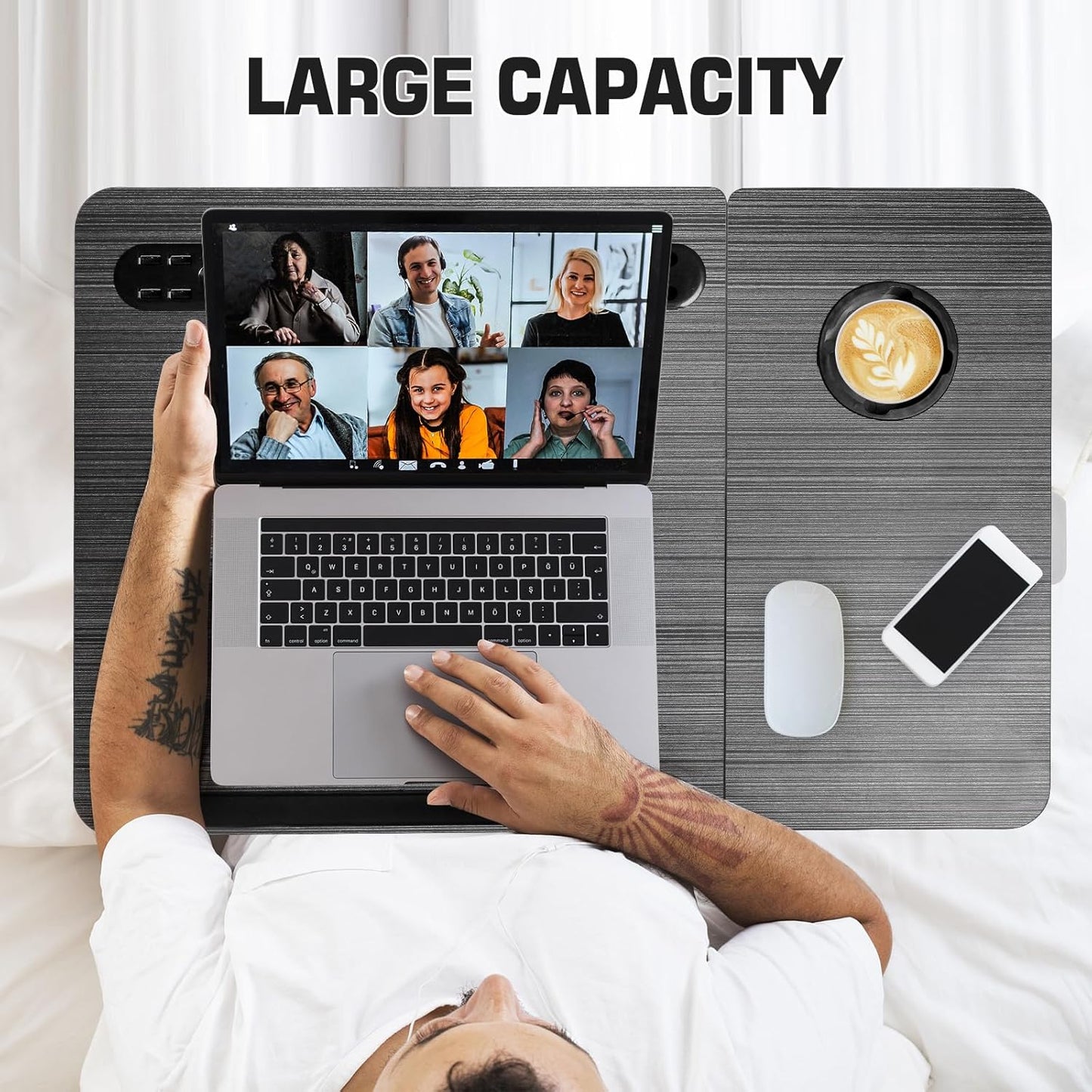 CloudTrip Plus XL Adjustable Laptop Desk with Light, USB Port, iPad Holder, Drawer Storage - Larger 23.6IN Adjustable Lap Desk for Bed, Home Office, Breakfast Tray, Fordable Legs Desk (Black)