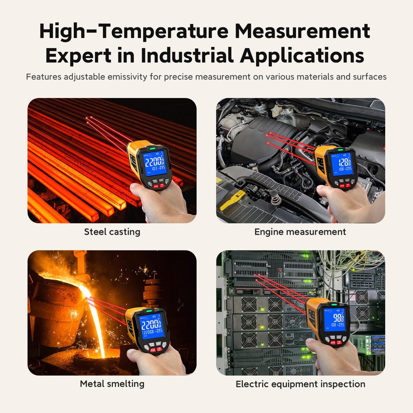 -58°F to 3992°F Infrared Thermometer IR Gun, High-Temp Digital Temperature Gun 50:1 Non-Contact Pyrometer & Triple Laser for Kiln, Forge, Furnace, Engine, HVAC, Industrial Use