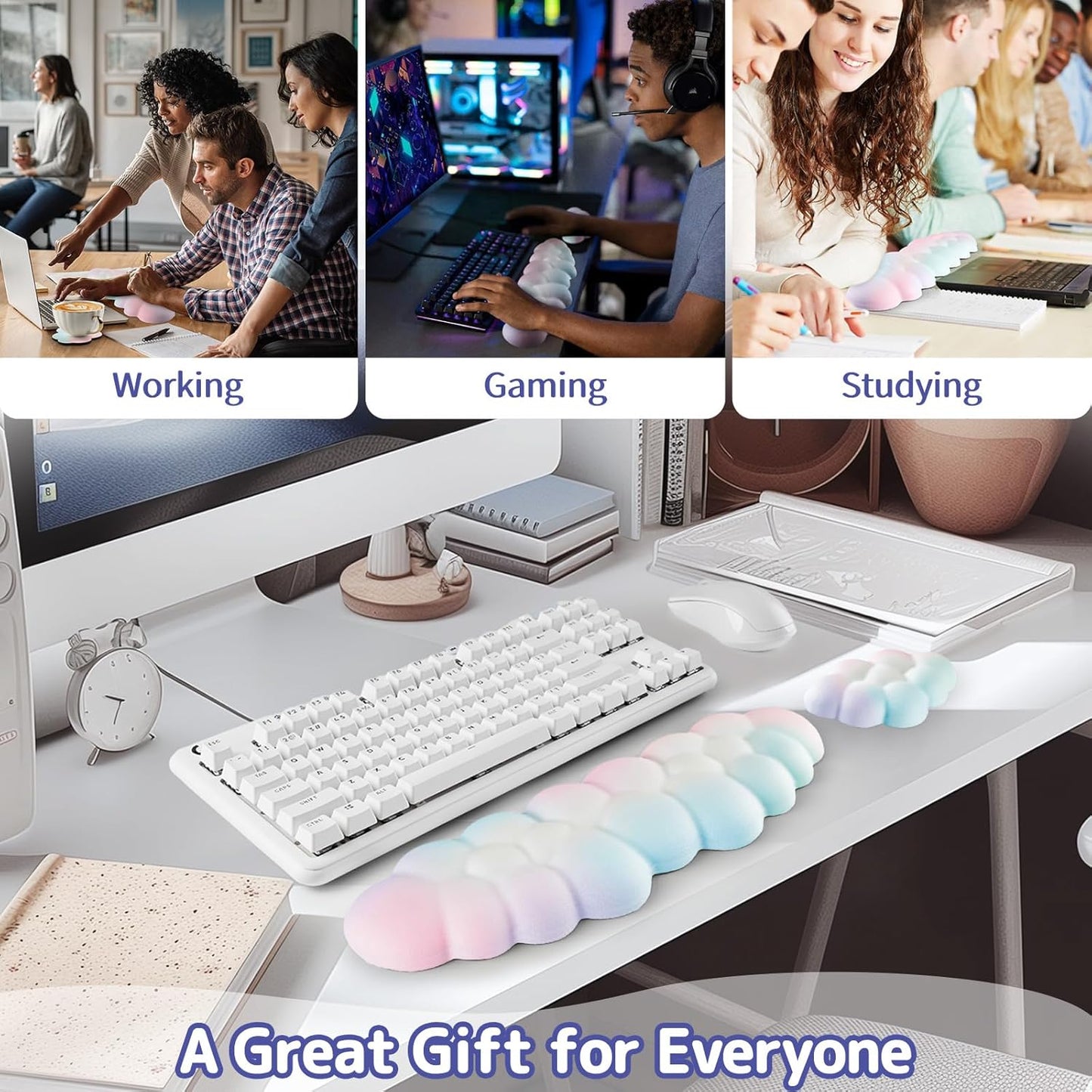 Cloud Wrist Rest Keyboard, Cloud Keyboard Wrist Pad Set with PU Leather Memory Foam, Cute Arm Rest for Palm Support, PC/Gaming Desk Accessories/Office Setup/Computer Hand Cushion - Rainbow