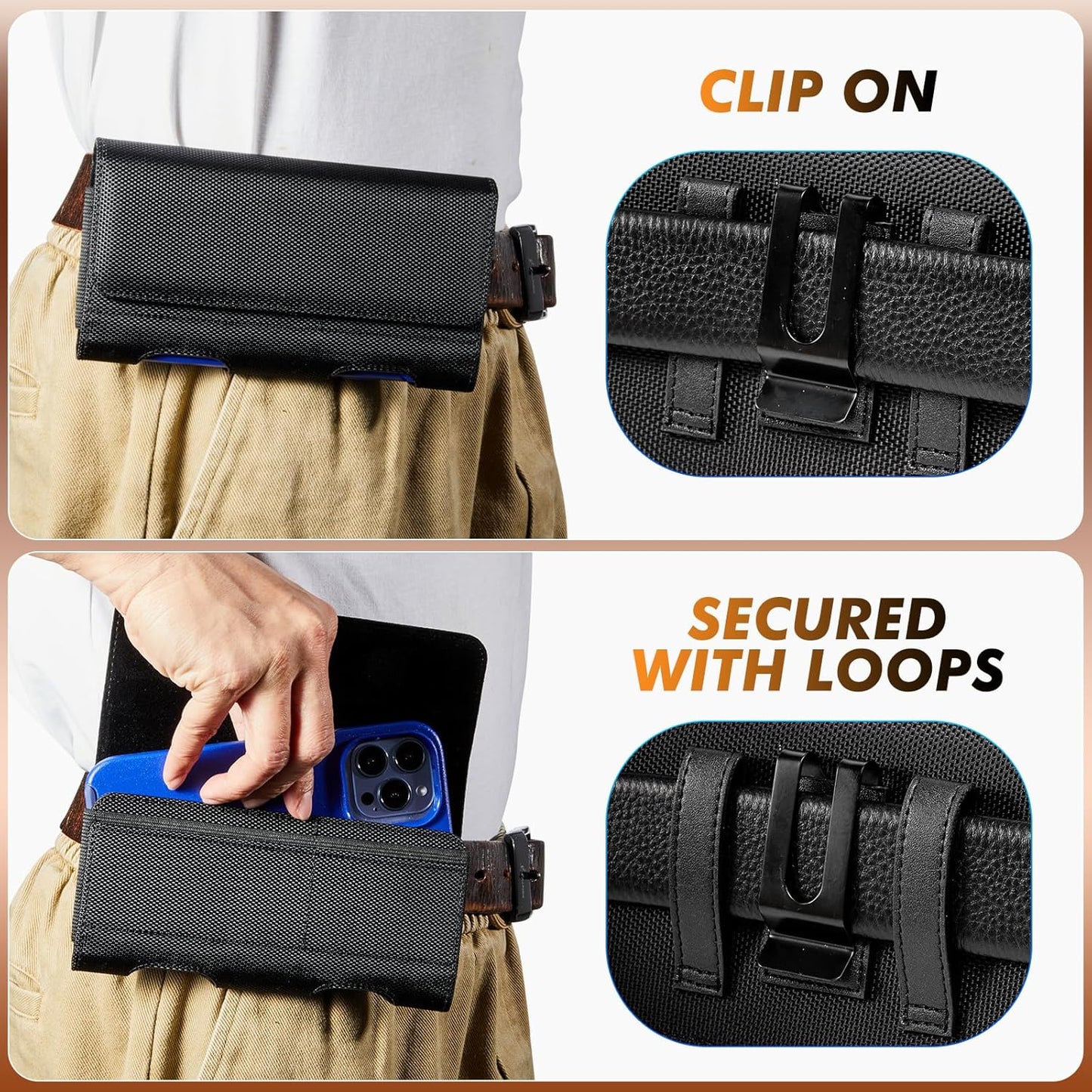 BECPLT Nylon Belt Holster Case Cell Phone Pouch Belt Holder Phone Holster Cover with Clip for iPhone 15 Pro Max 15 Plus 14 Pro Max 13 Pro Max Samsung Galaxy S24+ S23+ S22+ S21+ S23 FE (Black)