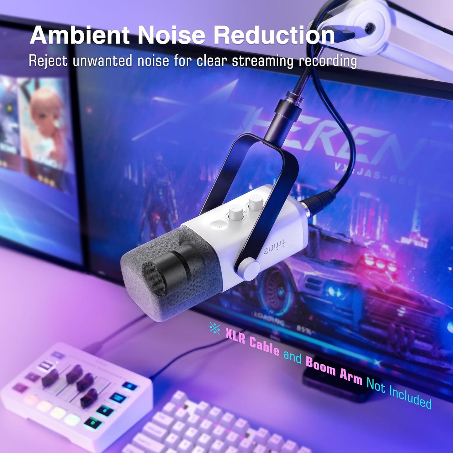 FIFINE XLR/USB Gaming Microphone for Streaming Podcasting, PC Computer RGB Mic, with Gain Knob, Mute Button, Monitoring Jack, Gamer Mic for Recording Video Creation-AmpliGame AM8 White