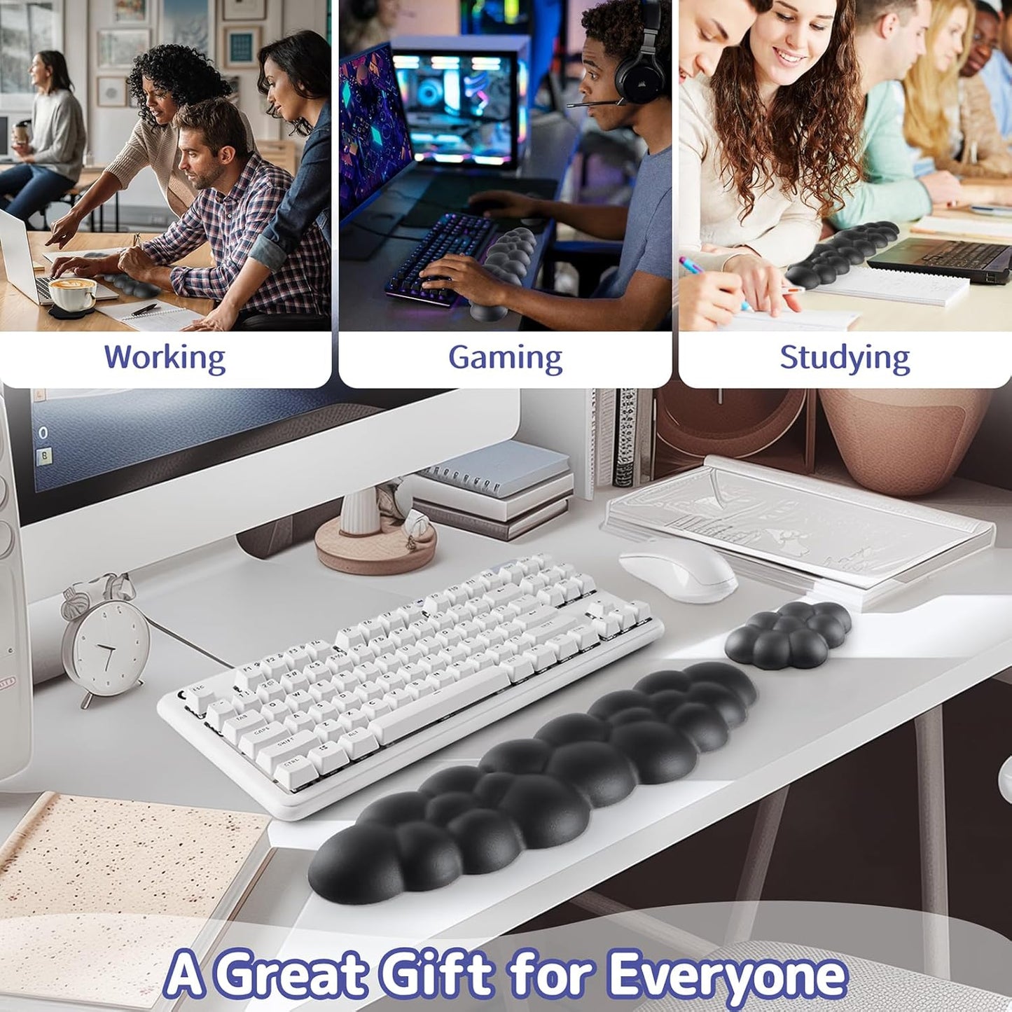 Cloud Wrist Rest Keyboard, Cloud Keyboard Wrist Pad Set with PU Leather Memory Foam, Cute Arm Rest for Palm Support, PC/Gaming Desk Accessories/Office Setup/Computer Hand Cushion - Black