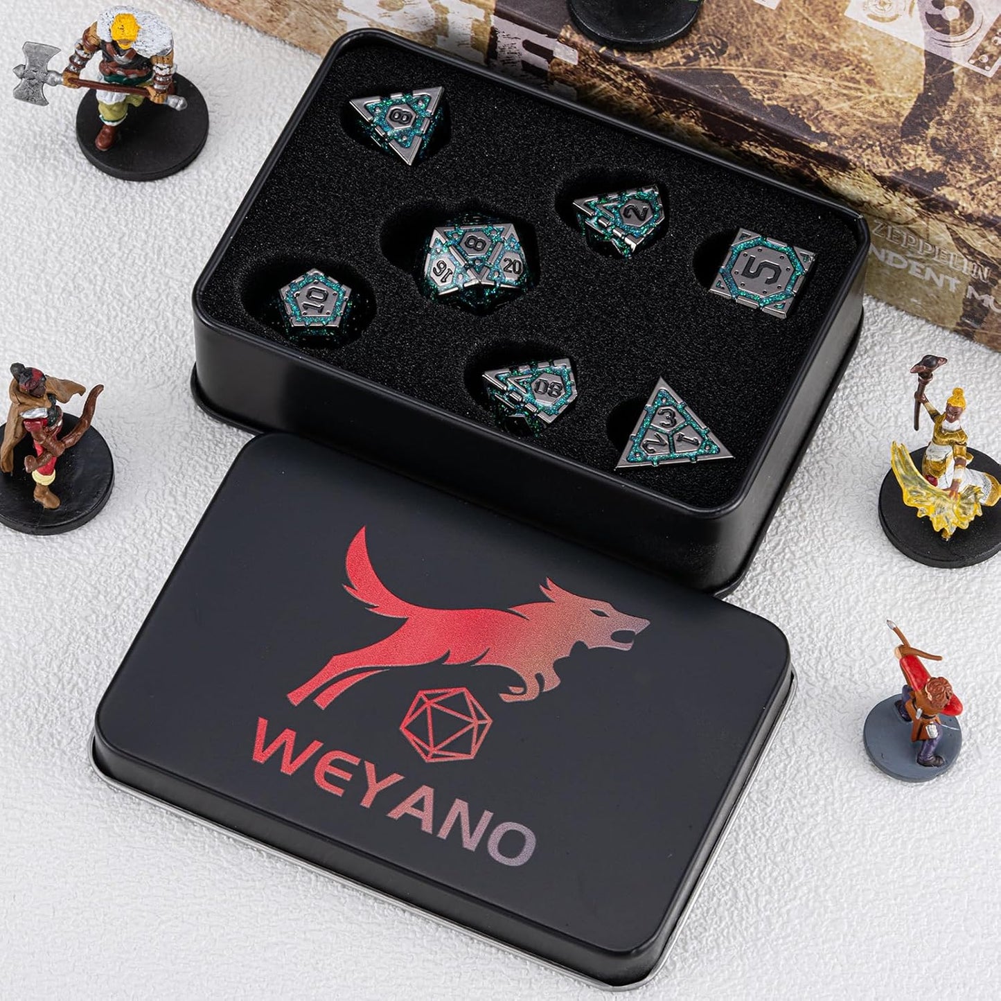 DND Metal Dice Set, Polyhedral Dice Set for RPG D&D Dice with Cracks Dungeons and Dragons Dice Set for RPG TTRPG D&D Die with Gift Case(Black Nickel Dark Green)