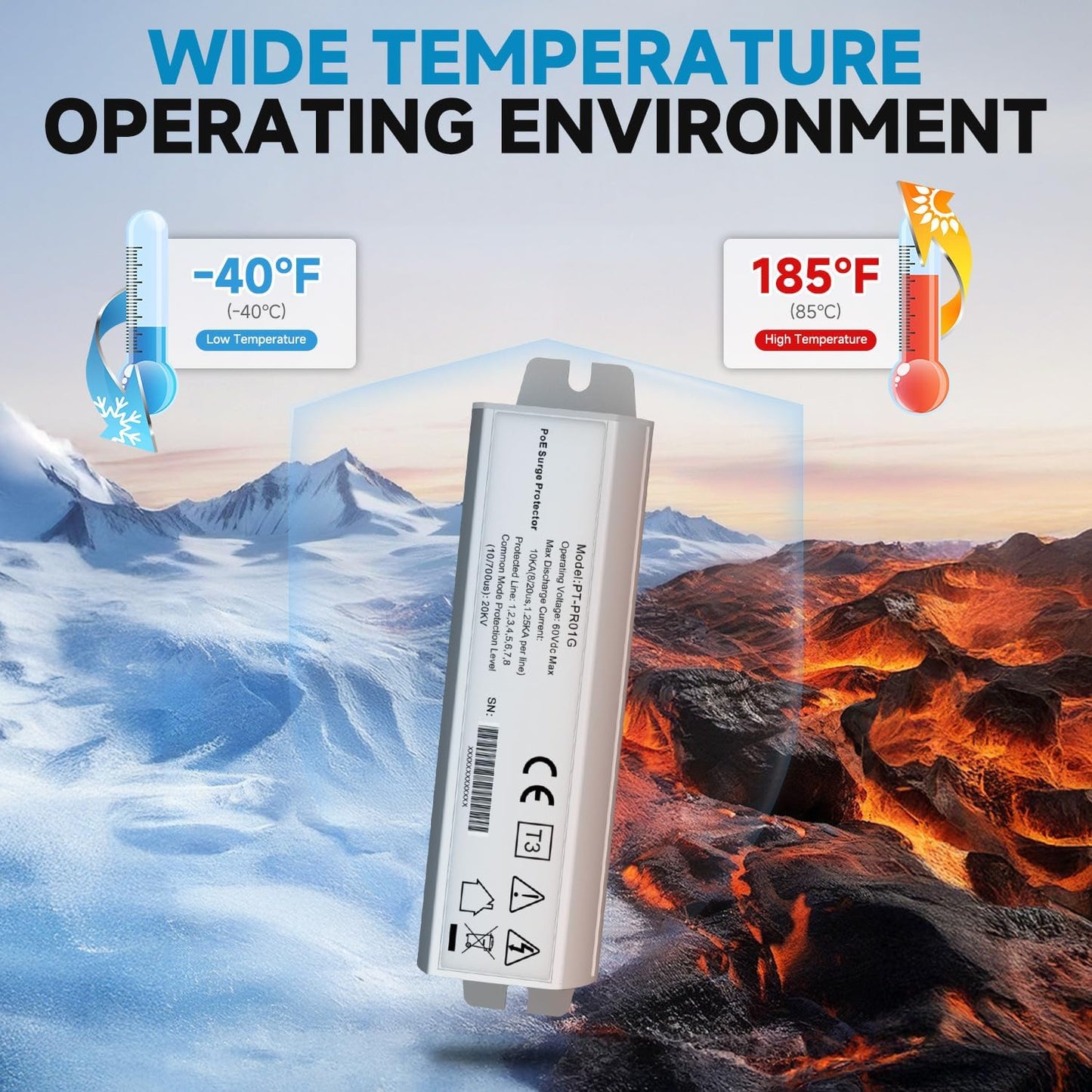 PROCET Ethernet Surge Protector Gigabit - 20KV Industrial Lightning Arrestor for -40°F to 185°F, 120Wmax PoE++ RJ45 Surge Protector, 10/100/1000Mbps, Gas Discharge Tube(GDT), PT-PR01G