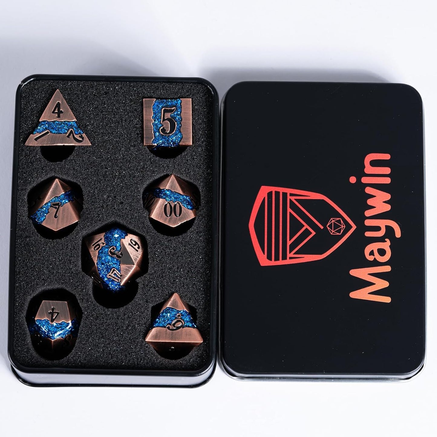 Metal DND Polyhedral Dice,Large Stripe Glitter Metallic Dice Set,Antique Silver Dice 7pcs Set for Role Playing Games(Antique Copper Blue)