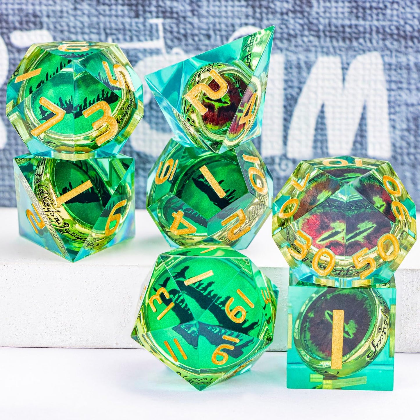 Magic Golden Ring DND Dice Set Sharp Edge Red Gaze Eye Resin Dice with Box, for use with RPG D&D Tabletop Games Lord Green D and D Polyhedral Dice Set