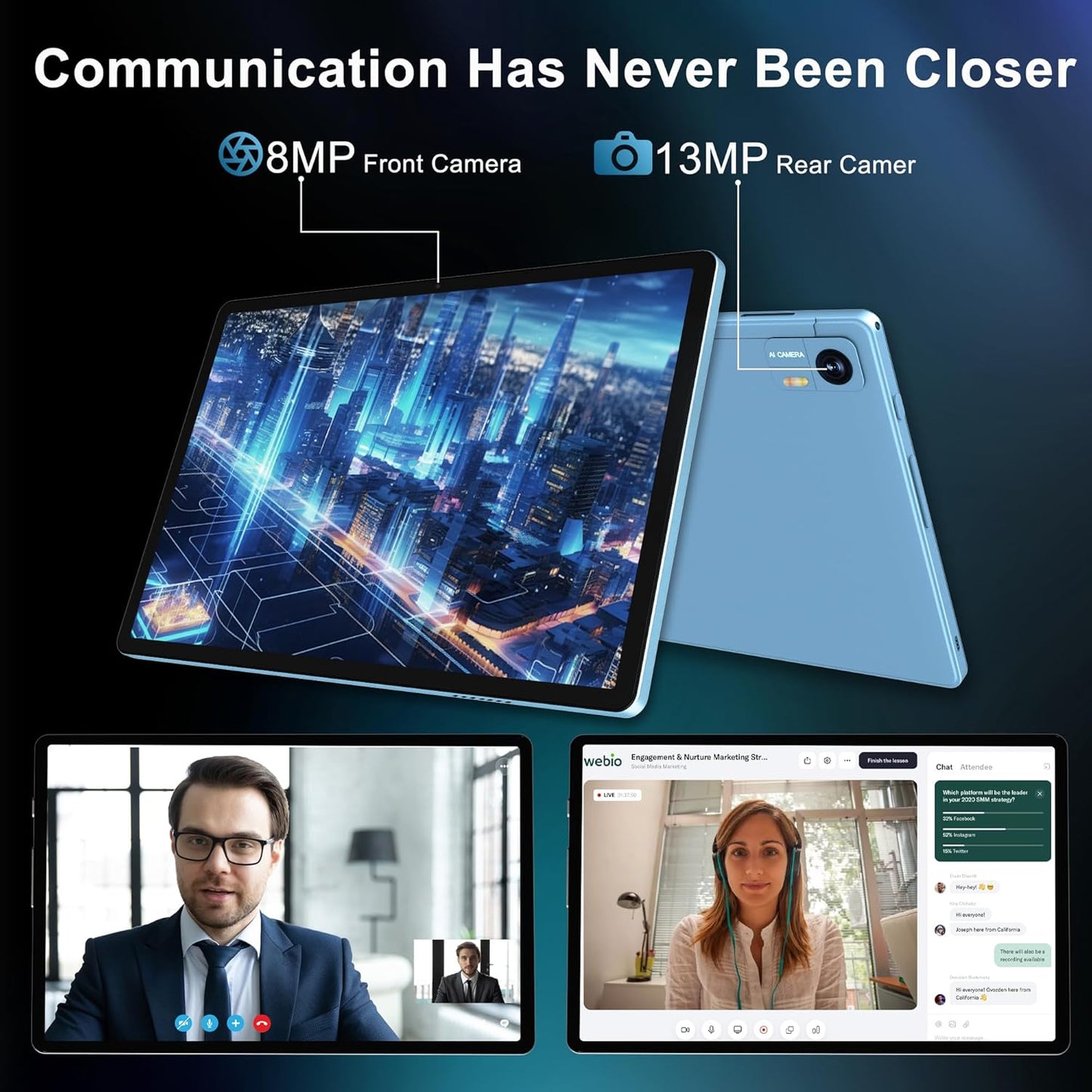 Android 14 Tablet with Keyboard,16GB RAM 128GB ROM 1TB Expand, 8000mAh Battery, 10.1 inch Tablet with 13MP+8MP Camera/Bluetooth/GPS/WiFi/HD Display (Light Blue)