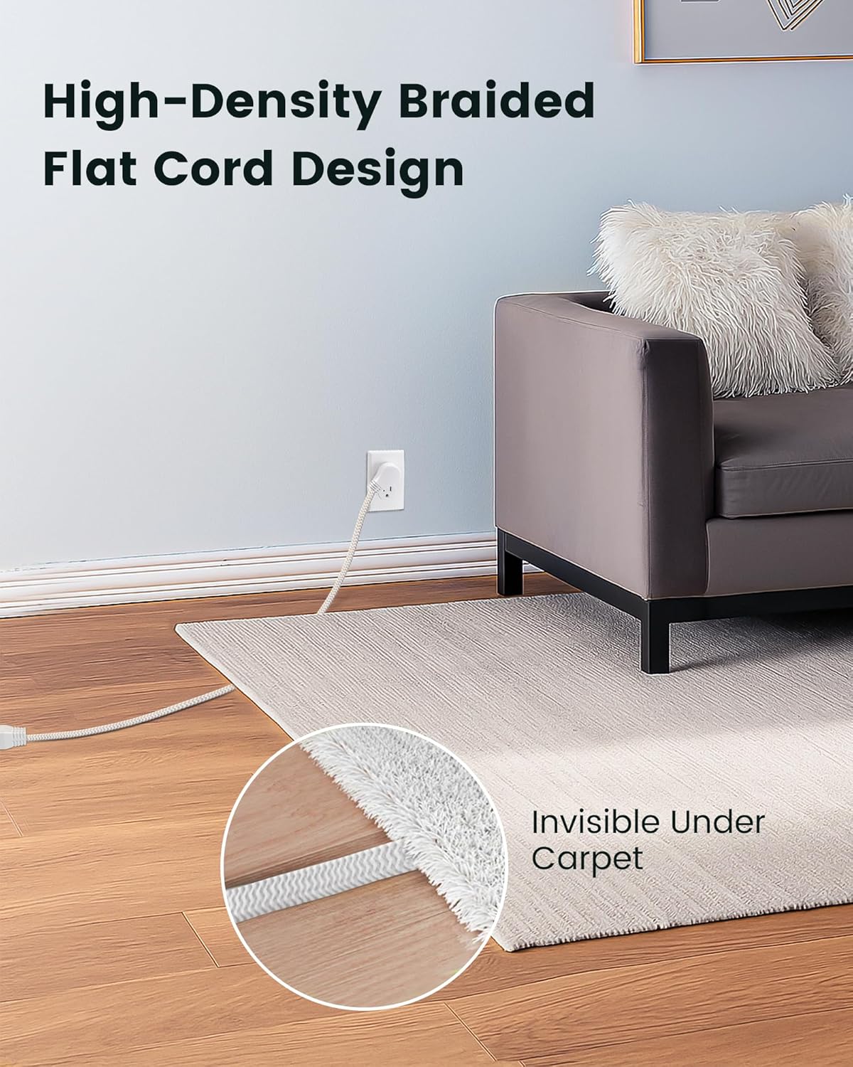 SURAIELEC Flat Extension Cord 3FT, 360° Rotating Flat Plug Extension Cord with 3 Outlets, Braided White Cord for Indoor Use, Small Space, Compact Areas, 16/3C SPT, ETL Listed, 2 Pack