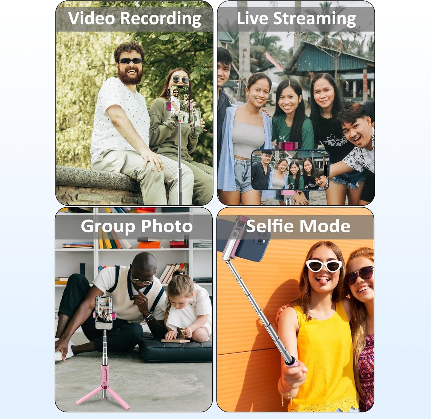 Selfie Stick Tripod, Foldable Cellphone Tripod with Remote for Group Selfies/Live Streaming/Video Recording, for iPhone Series Android, Pink