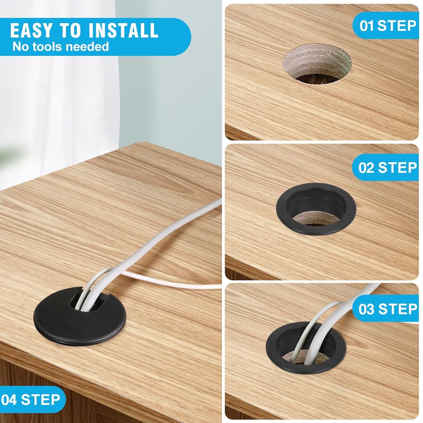 1-3/8" Black Desk Grommet, JTemgle Plastic Cable Hole Cover Computer Table Cord Wire Organizer Caps Desktop Cord Management for Home Office TV Stands Tabletops, 2 Pieces