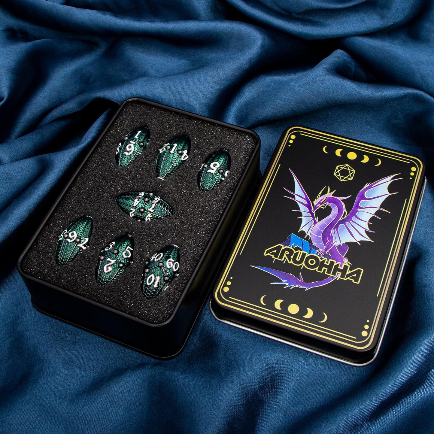 ARUOHHA DND Metal Dice Black Green Dragon Egg Dice with Metal Box, Role Playing Game RPG Polyhedral D and D Dice Set D20 D12 D10 D8 D6 D4