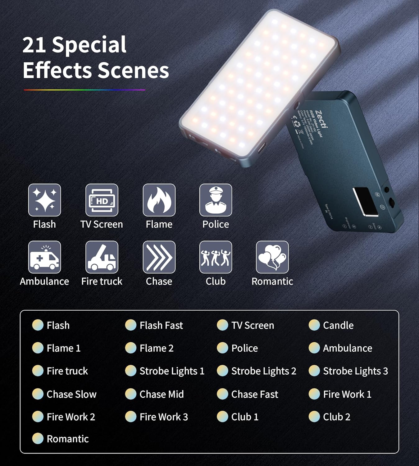 Selfie Light, 96 LED Phone Light with Metal Hotshoe & Clip, 1500mAh Rechargeable 360° Full Color 21 Scenes RGB Video Light for Phones, iPhone, Laptops, Cameras, Selfie, Video Conference, TikTok