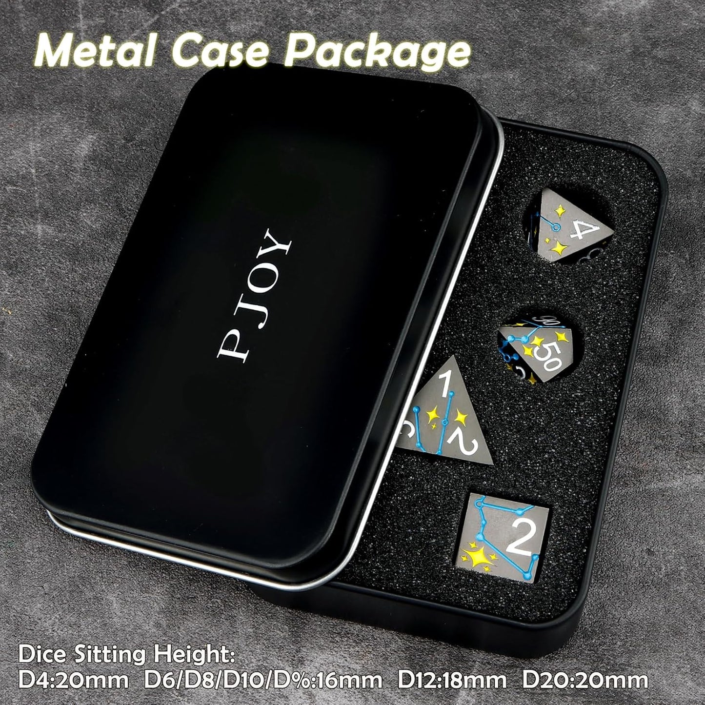 PJOY Metal Dice Set D&D Star DND Dice Set Polyhedral Dice for RPG Role Playing Games Dungeons and Dragons TTRPG Black Yellow Blue DND Dice for DND Gamers