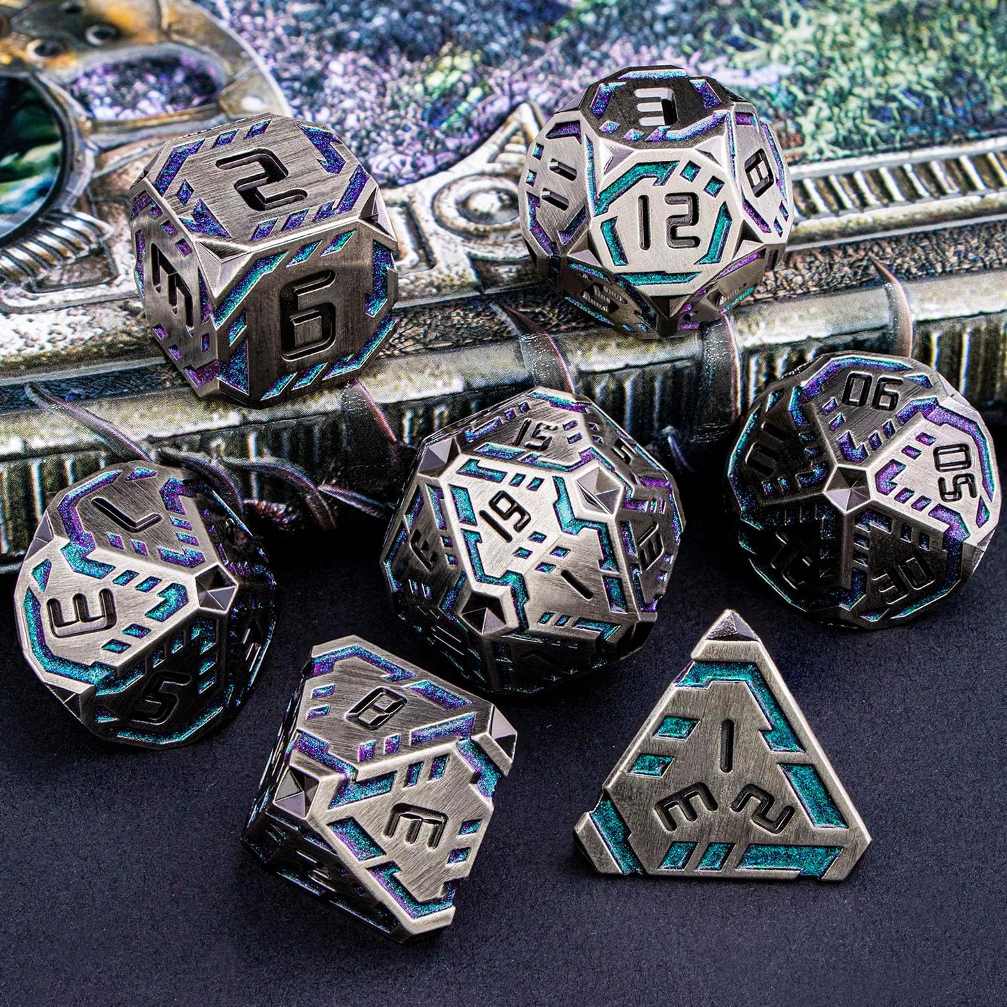 Metal DND Sci-fi Dice Set 7PCS Stripe Polyhedral Dice for Dungeons Dragons RPG Role Playing Game, Glitter D and D Dice with Gift Box D6 D8 D10 D12 D20 (Grey&Purple Green)