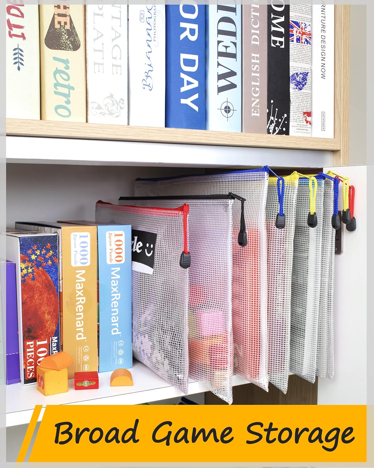 SUNEE 12pcs Mesh Zipper Pouch 11x16, Large Storage Bags for Board Game & Puzzle Organizing, Reusable Plastic Zip Organizer for Travel (A3, 6 Colors)