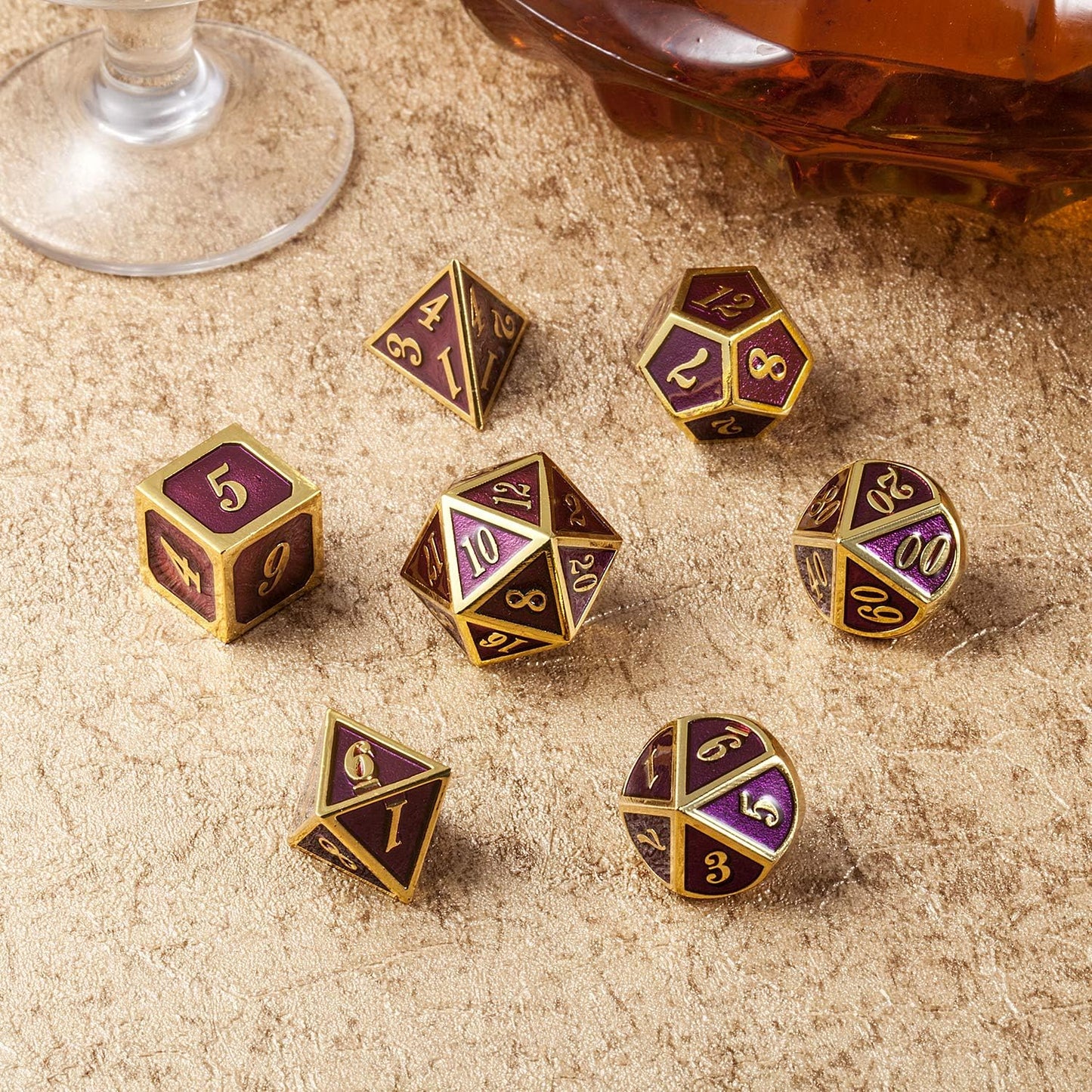 D&D Table Game Dice Set, 7PCS Metal Die with Metal Gift Box for Dungeons and Dragons (Dark Purple and Gold Number)