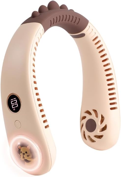 Neck Fan for Kids,Bladeless Portable Fan Rechargeable for 4-14Y Girls & Boys, 2400mAh USB Personal Cooling Mini Fan Rechargeable for Travel/Disney/Camping, 3 Speeds, Summer Essentials(Beige)