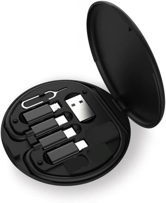 Multifunctional Data Cable Conversion Head Portable Storage Box, Multi-Type Charging Line Convertor USB Type C Adapter Tool Contains Sim Card Slot Tray Eject Pin, Phone Holder (Black)