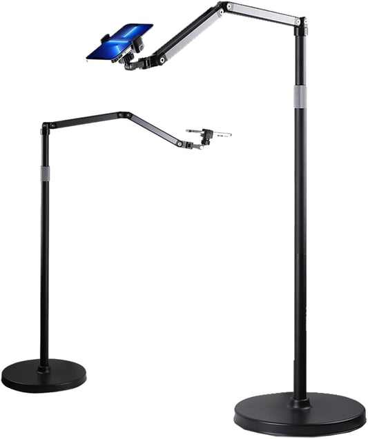 Phone Floor Stand for Recording Cell Phone Holder for Bed, Adjustable Tall Stand with Ultra-Long Extension Arm, 360° Swivel, Compatible with iPhone Samsung and More