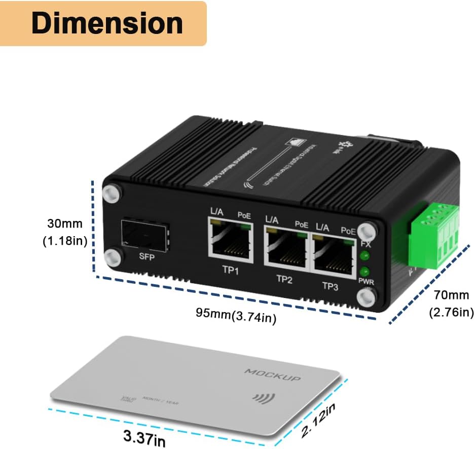 Mini Throncom 4 Ports Gigabit Industrial Fiber Ethernet Solar PoE Switch Hardened with 100/1000M Adaptive SFP Din Rail/Wall Mount VoIP/RV Truck Boost Voltage 9-58V to 48V Max 90W LNK-IMC103GP-SFP