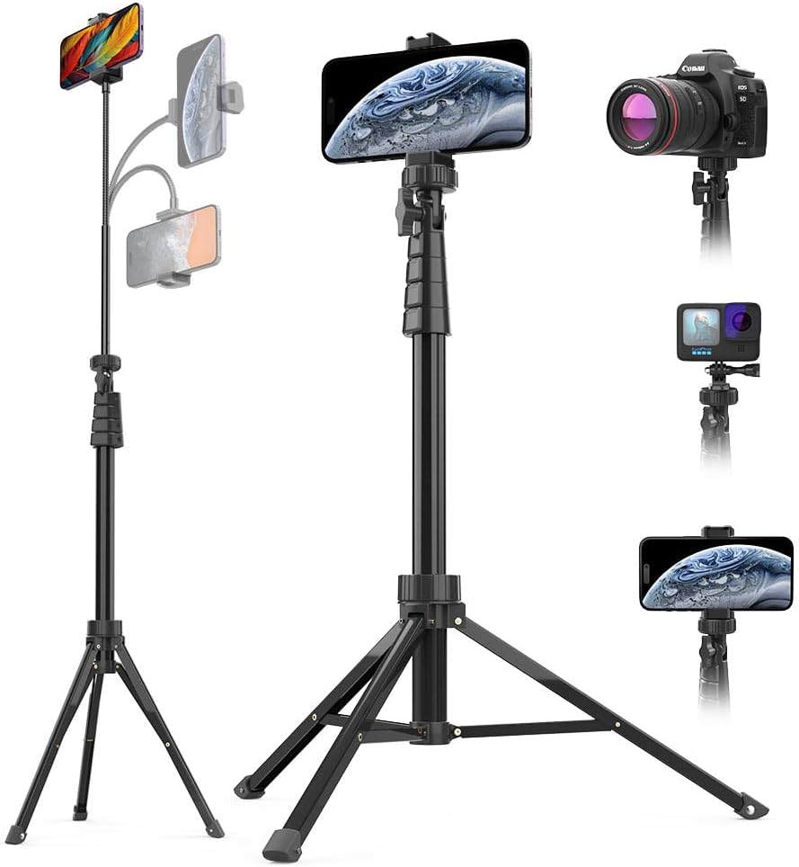 Aureday 88’’ Flexible Phone Tripod with 14.95’’ Gooseneck, Remote and Phone Holder, Overhead Cell Phone Stand＆Selfie Stick for Video Recording, Compatible with iPhone Android Phone, Camera