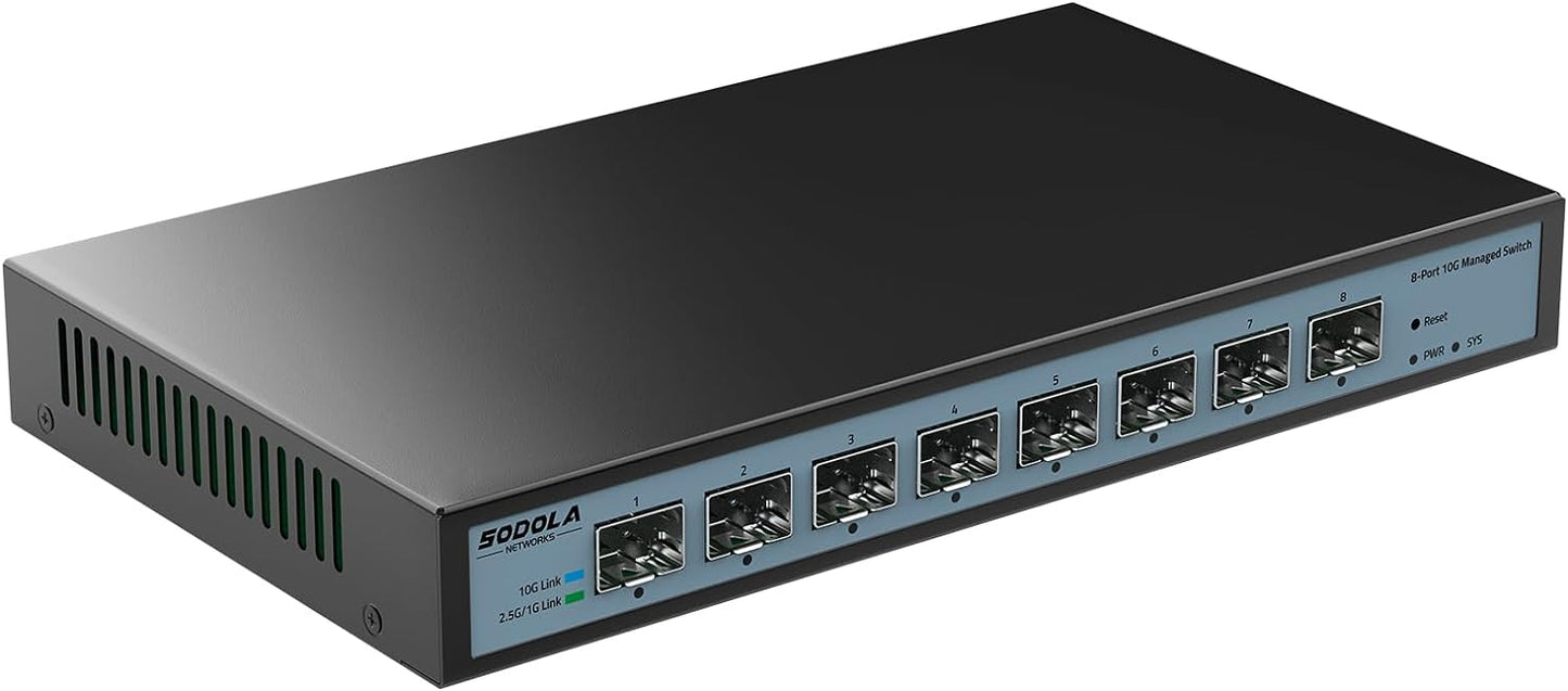 SODOLA 8 Port 10G Web Managed Switch, 8X10G SFP+ Ports, Link Aggregation/QoS/VLAN/IGMP, Wall Mounted Fanless 10Gb Multi-gig Network Switch（SFP Ports Only