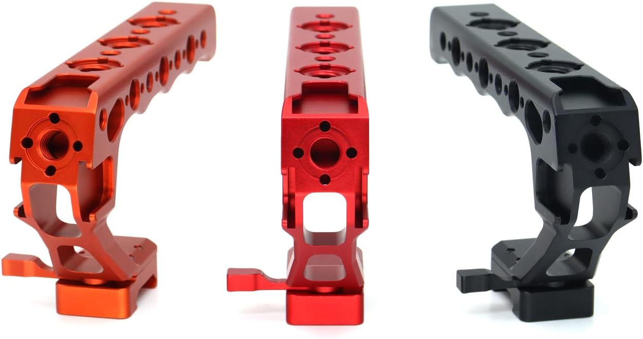 Universal Top Handle with Quick Release NATO Grip with NATO Rail for DSLR Camera Cage, with 3 Cold Shoe Adapters to Mount DSLR Camera with Microphone/LED Light/Monitor (Red with NATO Rail)