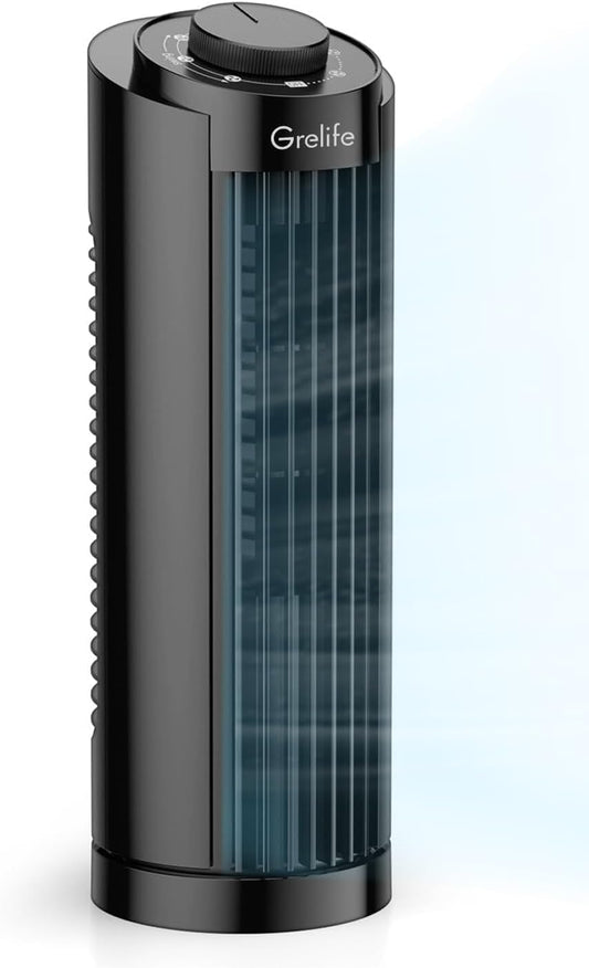 Grelife 13" Electronic Tower Fan with Remote Control, 3 Speed & 3 Modes, 90° Oscillation, LED Display, 7.5H Timer, Quiet Bladeless Cooling – Portable Space-Saving for Bedroom Office, Home