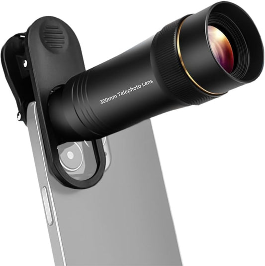 Andoer 300MM Phone Telephoto Lens for Smarphone Zoom Lens 10X with Universal Lens Clip Cleaning Cloth Storage Bag for Hiking Camping Wildlife Observation Moon Sports Game Concert Watching
