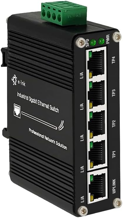 Mini Industrial 5 Ports Gigabit Switch Hardened 5 Port RJ45 10/100/1000Mbps Ethernet Switch Din Rail Mount Ethernet Switch Wall Mounts Included (-40 to 167 ºF) 10Gbps Switching Capacity