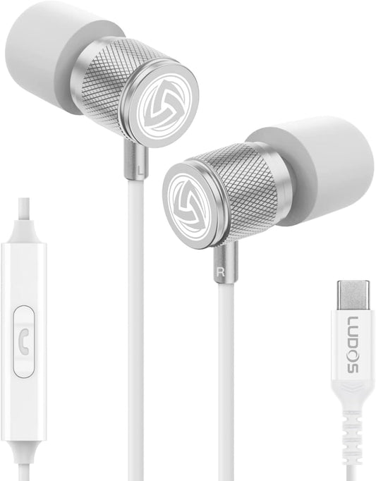 LUDOS Ultra USB C Headphones for iPhone 16 15 Pro Max Plus iPad Pro, 5 Years Warranty, Magnetic USB-C Earbuds for Samsung Galaxy S24 S23 Ultra S22 S21 FE S20 A55 A54 A53, USB Type C Earphones - White