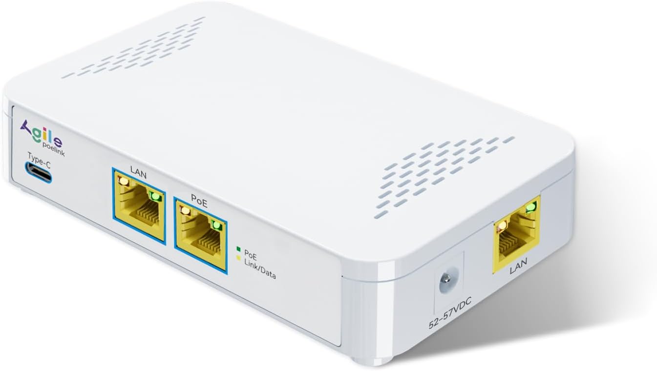 PoE to USB C Switch 60W 802.3af/at Compliant, 1 USB-C Port (30W PD Charging & Gigabit Ethernet) & 1 PoE+ Port & 1 Ethernet Port, for Smartphones/Sablets/Laptops/Camera/Access Point, DC Powered