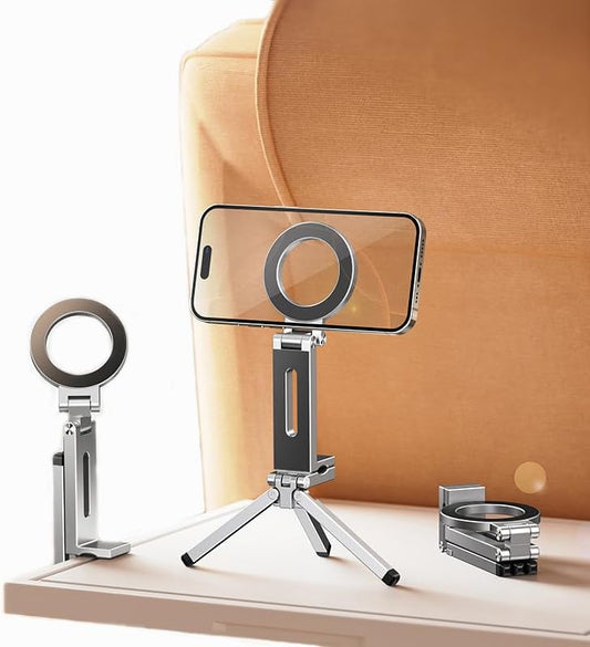 Magnetic Tripod for iPhone, Multi-Functional 360° Rotating Phone Tripod Stand, Clipable, Foldable and Triangular Fixing Airplane Travel Essentials Phone Holder
