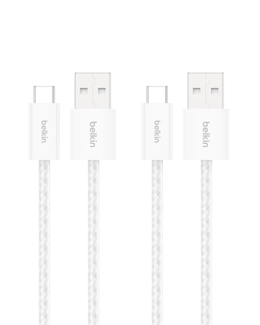 Belkin USB A to USB C Cable 2-Pack, 3.3ft, 15W - Type C Charger, iPhone Charger Cord, Soft, Braided, Flexible for iPhone 16 & 15, Galaxy S25, Pixel 9, iPad Pro, Airpods Pro, Switch & More - White
