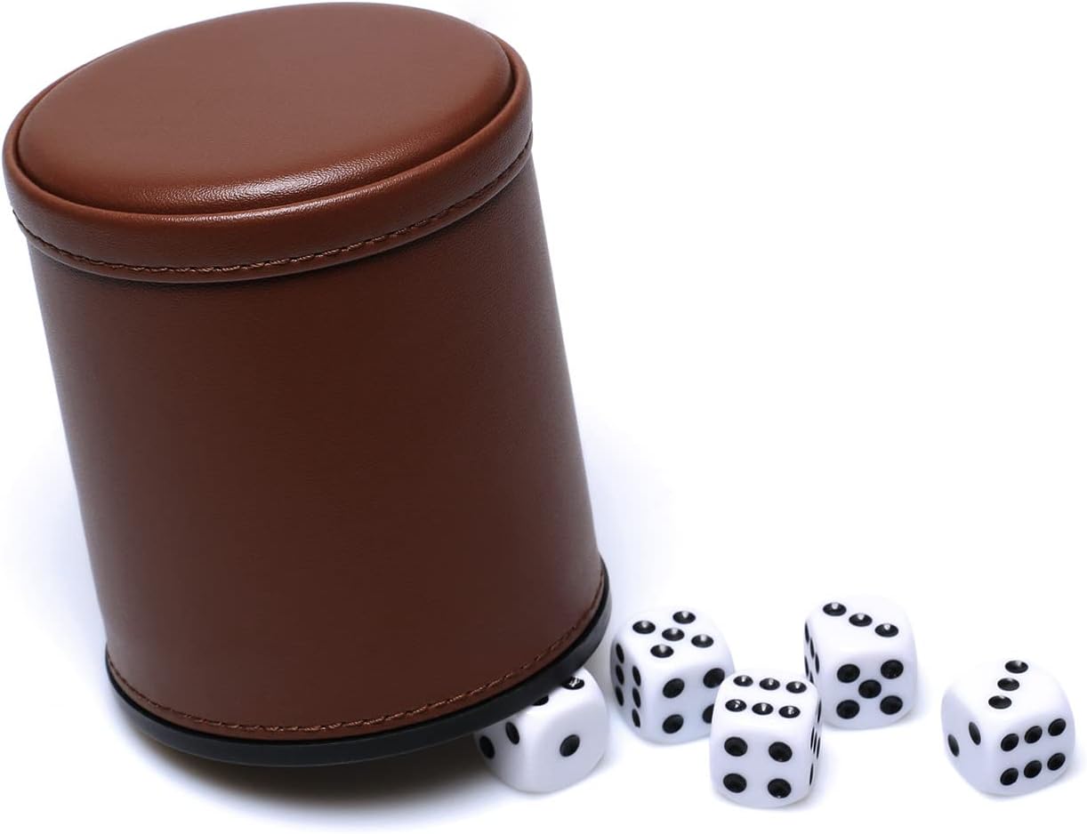 5 Pack PU Leather Dice Cups Felt Lining Quiet Shaker with 30 Dot Dice for Bar Party Yahtzee Farkle Dice Games
