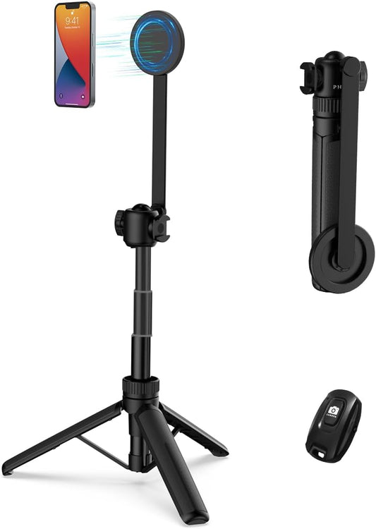 PHOPIK 35" Magnetic Selfie Stick Phone Tripod, Extendable Phone Tripod with Cold Shoe and Remote,Compatible with iPhone/Android/Sport Camera Perfect for Video Recording/Selfies/Insta360 x5（Black）