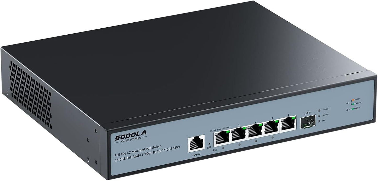 SODOLA 10Gb L2 Managed Switch, 5 x 10G RJ-45 Ports,1 x 10G SFP+ Port,Support LACP, VLAN, QoS, 10G/5G/2.5G/1000M/100M Auto-Negotiation, Multi-Gigabit Managed Ethernet Switch