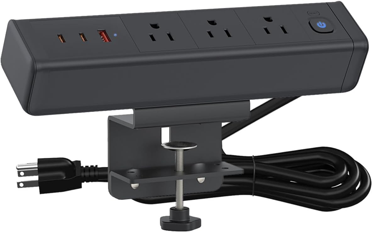 Desk Clamp Power Strip with 65W USB-C&USB A Ports 3 AC Outlet, Nightstand Edge Mount Charging Station Power Strip with USB-C Ports Tabletop Surge Protector for Home Office, Dorm Room(Black)