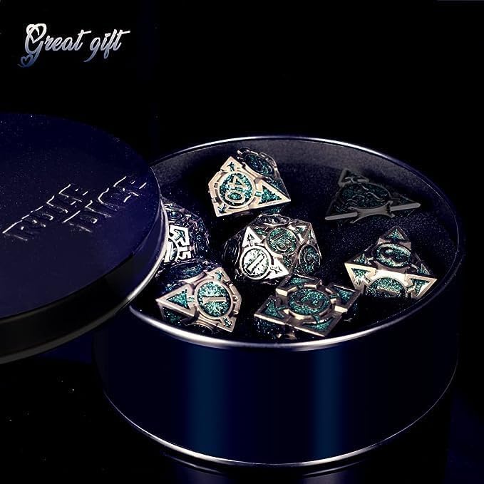 RULE DICE DND Metal Dice Set, D&D Dungeons and Dragons Dice, D and D Dice Set Large Weighted 7 die Metal, RPG MTG Role Playing Polyhedral Dice Set with D & D Dice Gifts Box(Green)