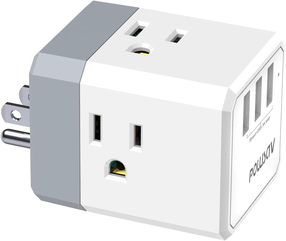 3-Outlet USB Wall Charger and Extender with 3-Way Splitter, ETL Listed - for Home, Office, Cruise Ship