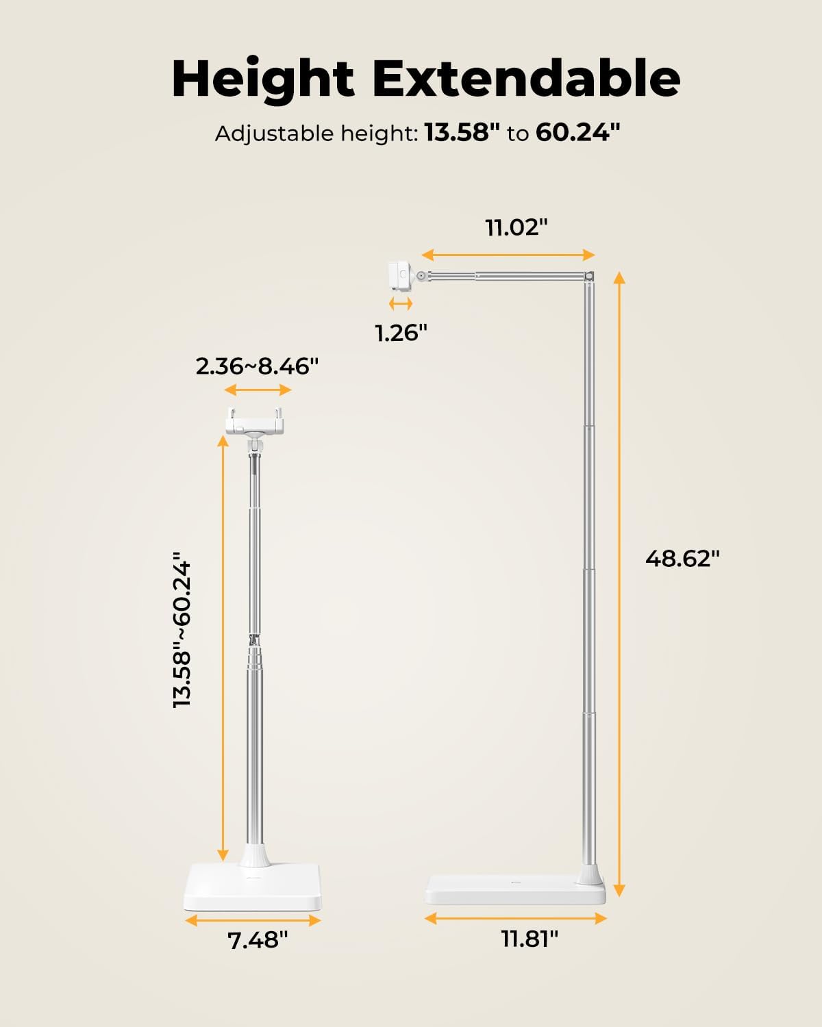 Extended Tablet Floor Stand, 360 Rotating Adjustable iPad Floor Holder with Long Flexible Arm, Compatible with 4-13" Devices, Stand for Bedside, Sofaside, Table, Desk (White)