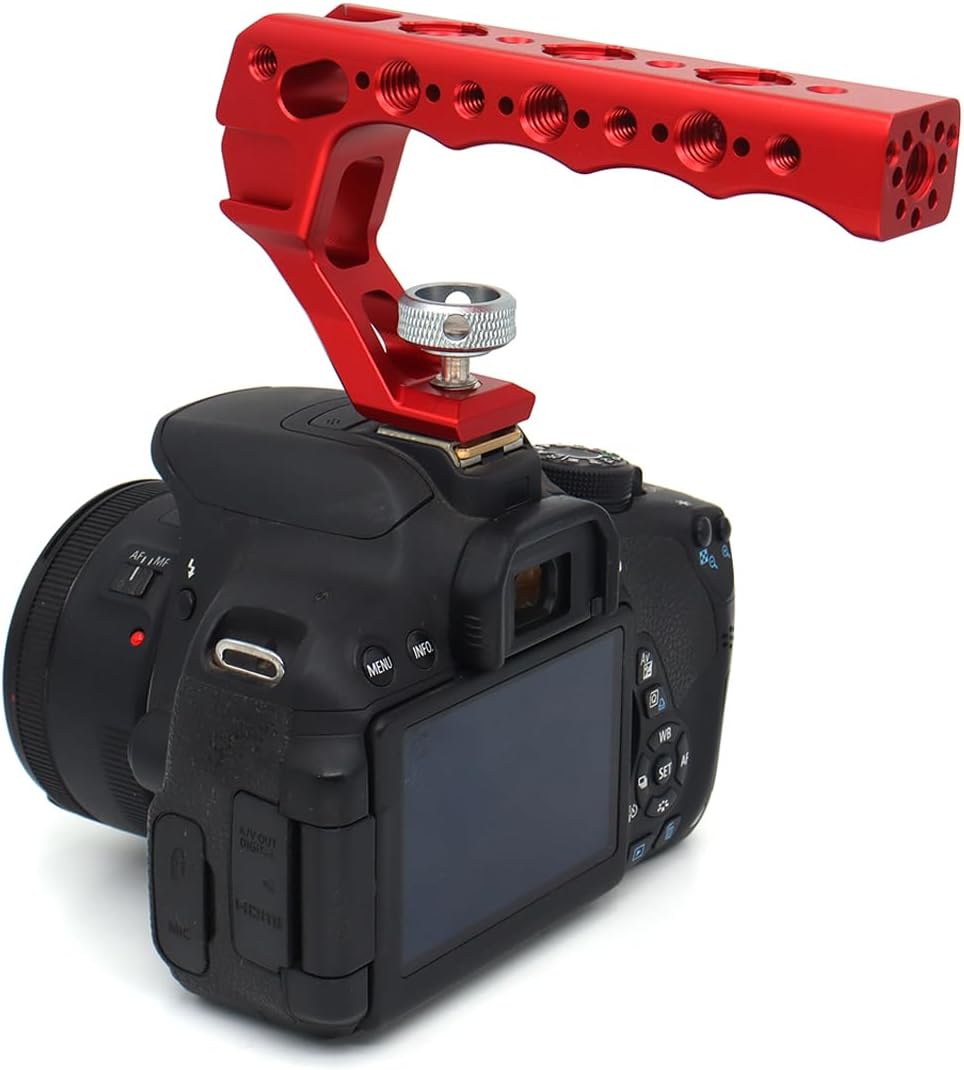 Universal Top Handle with Quick Release NATO Grip with NATO Rail for DSLR Camera Cage, with 3 Cold Shoe Adapters to Mount DSLR Camera with Microphone/LED Light/Monitor (Red with NATO Rail)