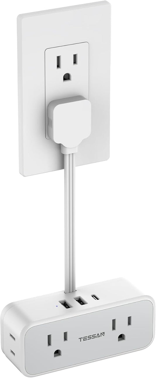 TESSAN Multi Plug Wall Outlet Extender, 6 inch Short Extension Cord, Flat Plug Splitter with 4 AC 3 USB (1 USB C) Charging Ports, Multiple Outlet Small Power Strip for Home Office Dorm Room