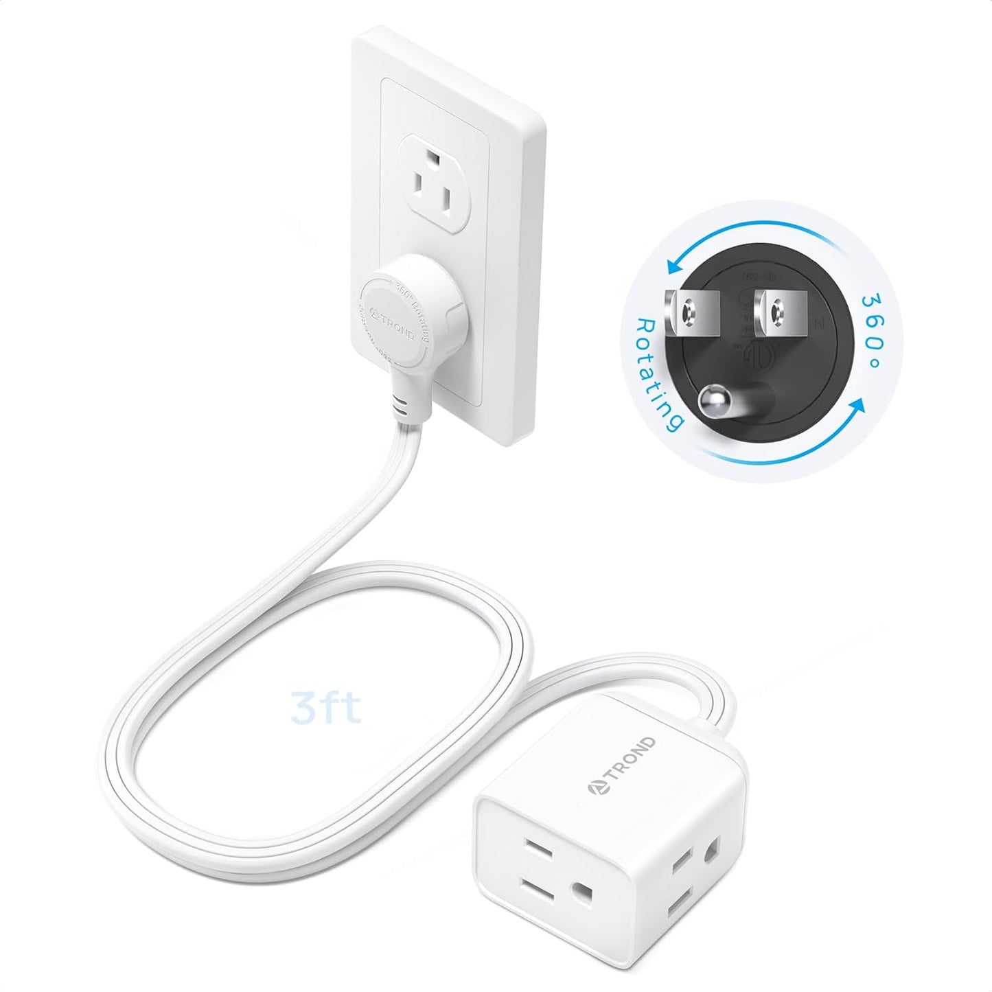 TROND Short Extension Cord 3ft with 360° Rotating Flat Plug, Low Profile Small Power Strip, Three Prong Grounded Outlets Cube, 13A, 16 AWG Cable for Indoor Home Office Cruise Travel Essentials, White