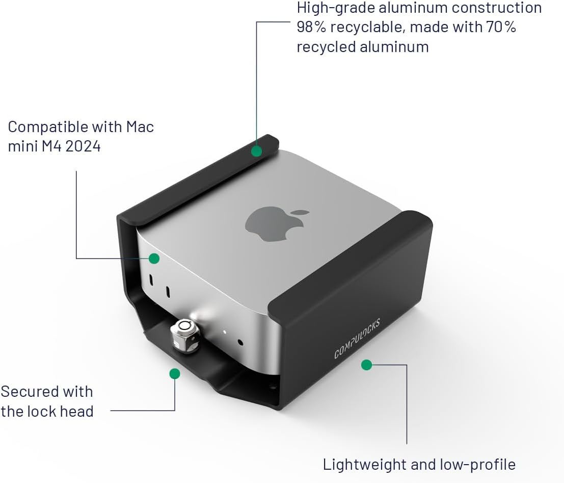 Mac mini M4 2024 Secure Mounting Bracket with Integrated Lock Head, Anti-Theft Steel Holder with Keyed Lock for Offices, Schools, and Public Spaces - Black