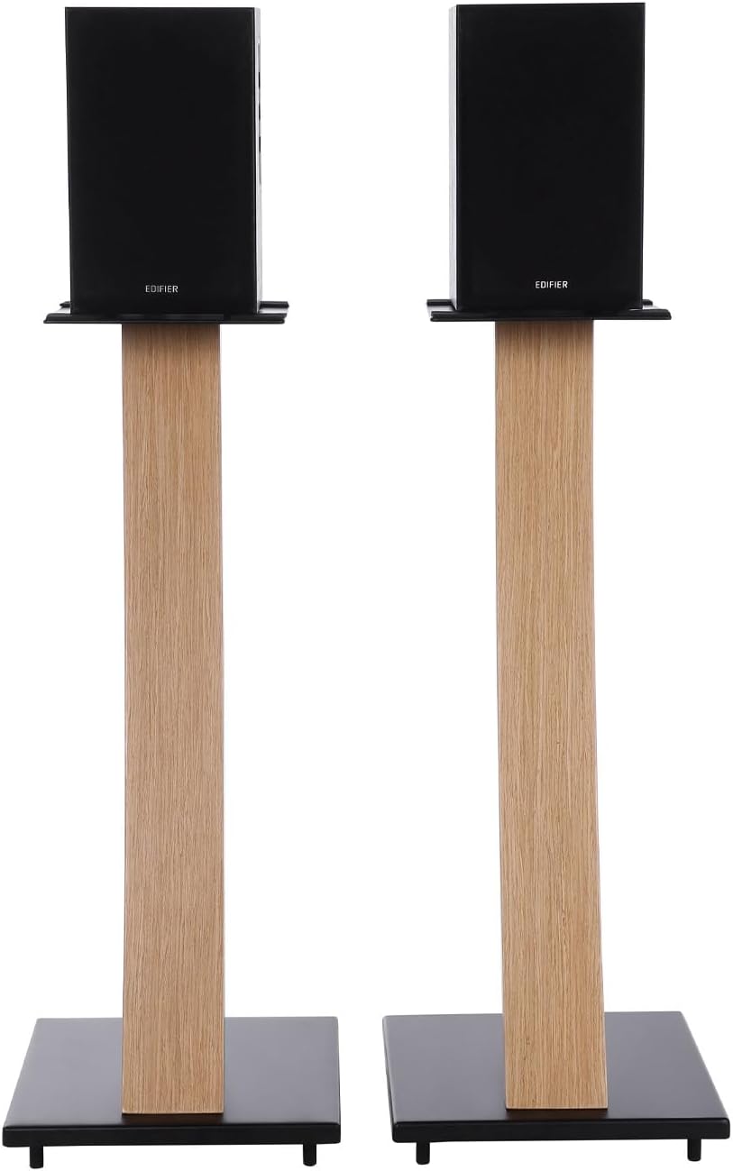 EXIMUS One Pair Fixed Height Universal Speaker Floor Stands with Real Wood - Oak - 290 Series