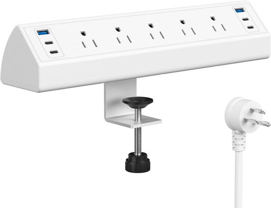 Desk Clamp Power Strip USB C,Under Desk Mount Power Station,20W Fast Charging,Fits 1.9'' Tabletop Edge,Desk Surge Protector,Perfect Home,Office Supplies (White, 5 Outlets & 6 USB Ports & 25 FT Cable)